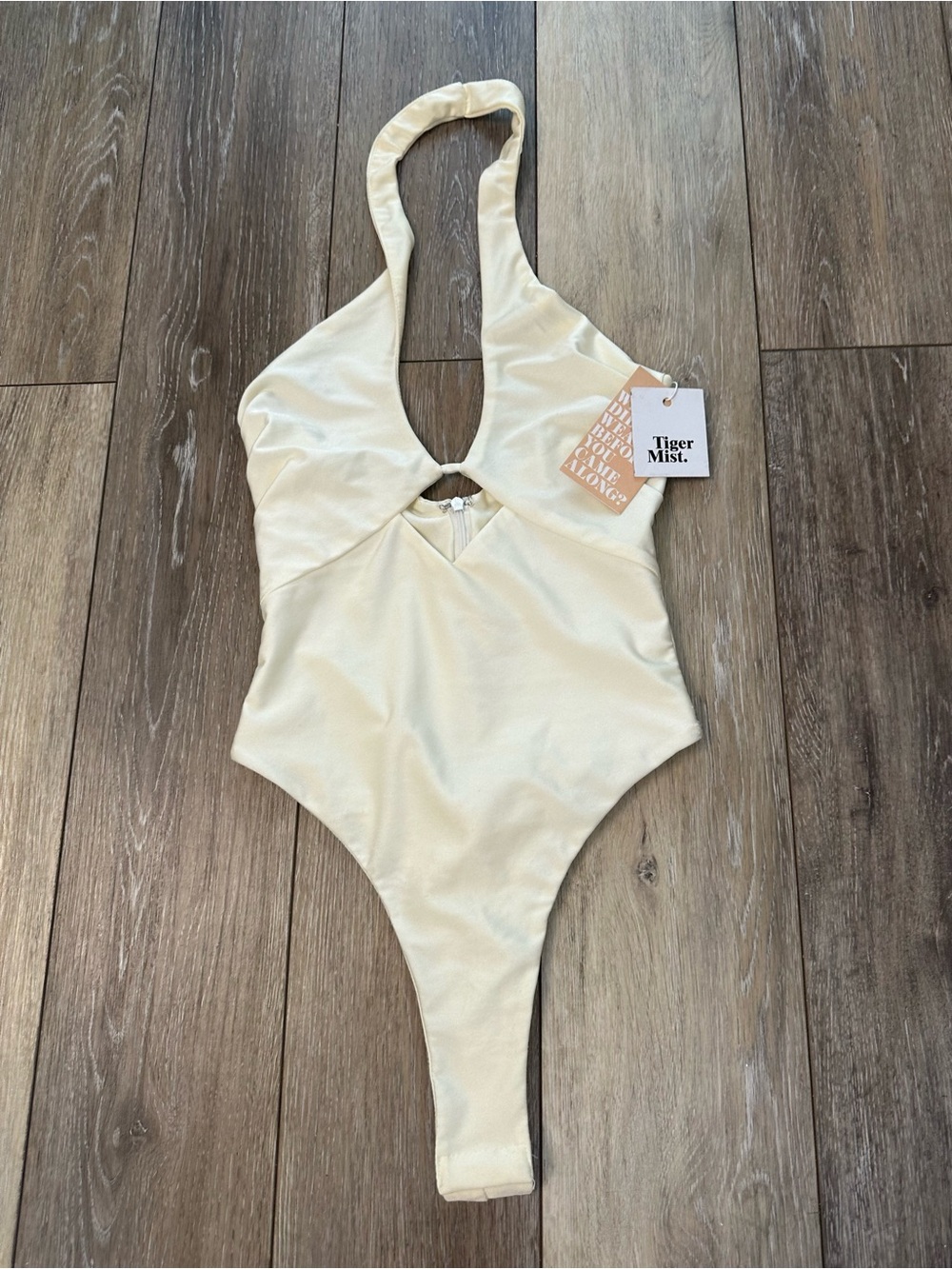 Tiger Mist Cream Halter One-Piece Swimsuit with Keyhole